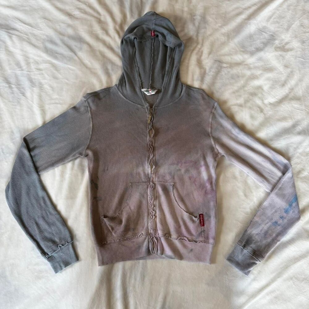 vintage y2k Hard Tail grey & light pink tie dye waffle knit zip sweatshirt S